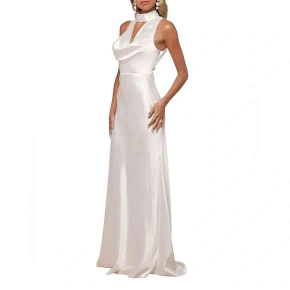 Lulus Gorgeous Vow White Satin Mock Neck Cowl Mermaid Maxi Dress - Picture 3 of 12